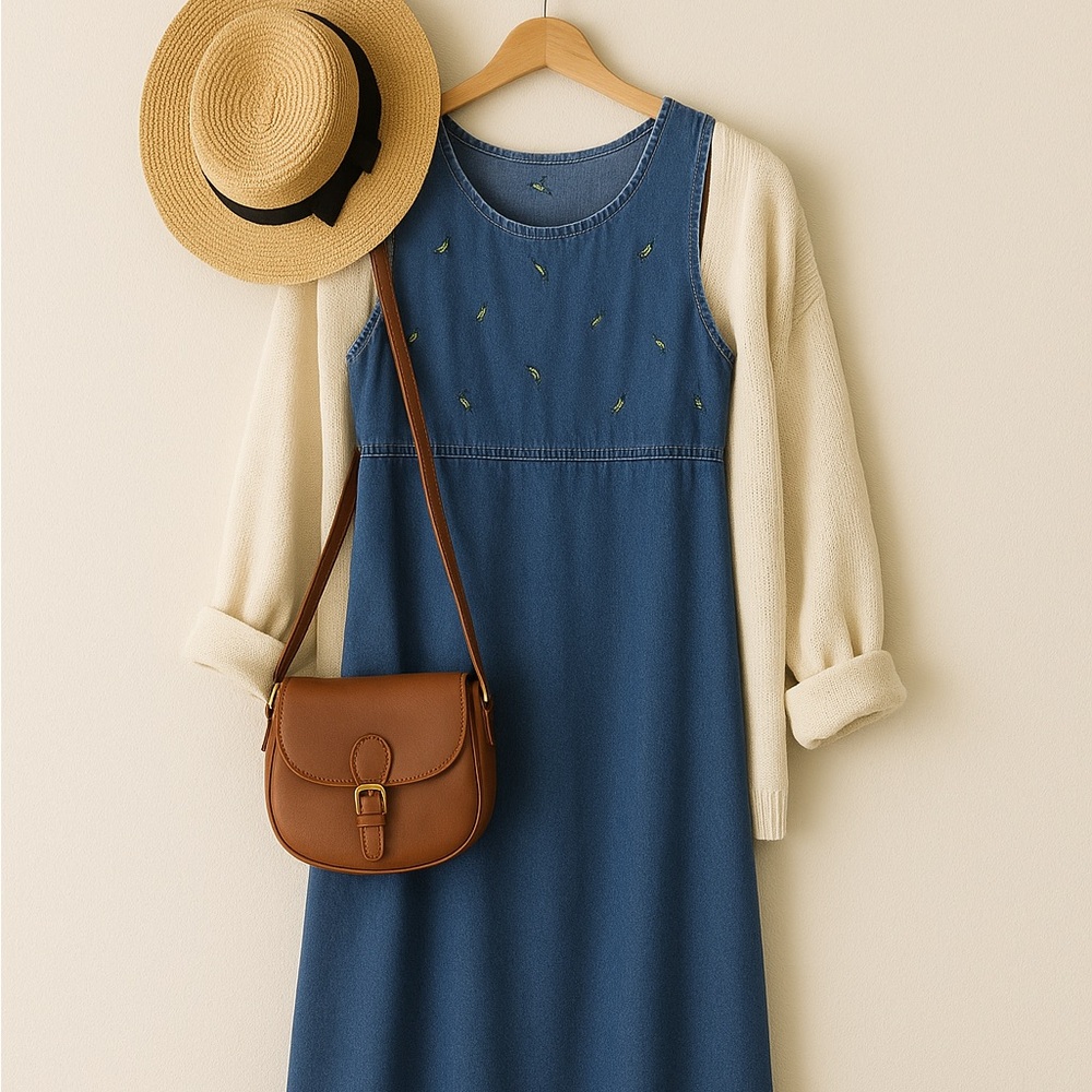 Erika & Co. Blue Denim Dress with Leaf Embroidery